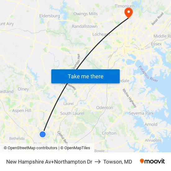 New Hampshire Av+Northampton Dr to Towson, MD map