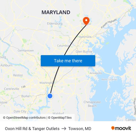 Oxon Hill Rd & Tanger Outlets to Towson, MD map