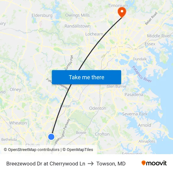 Breezewood Dr at Cherrywood Ln to Towson, MD map