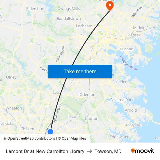 Lamont Dr at New Carrollton Library to Towson, MD map