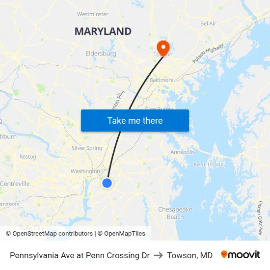 Pennsylvania Ave at Penn Crossing Dr to Towson, MD map