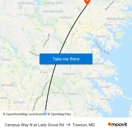 Campus Way N at Lady Grove Rd to Towson, MD map