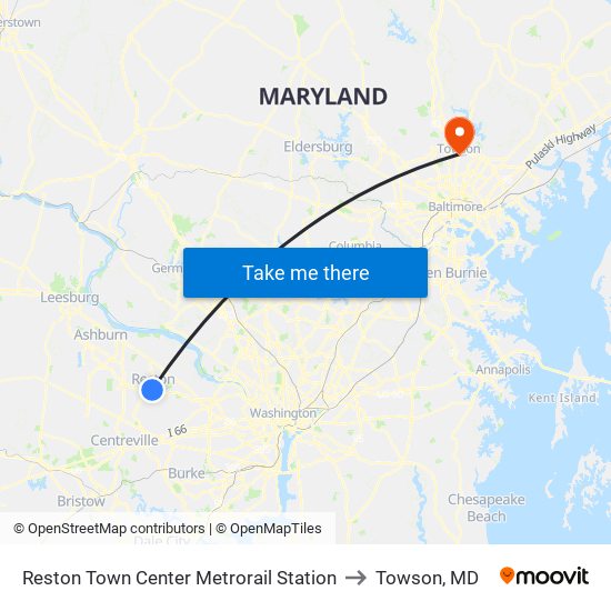 Reston Town Center Metrorail Station to Towson, MD map
