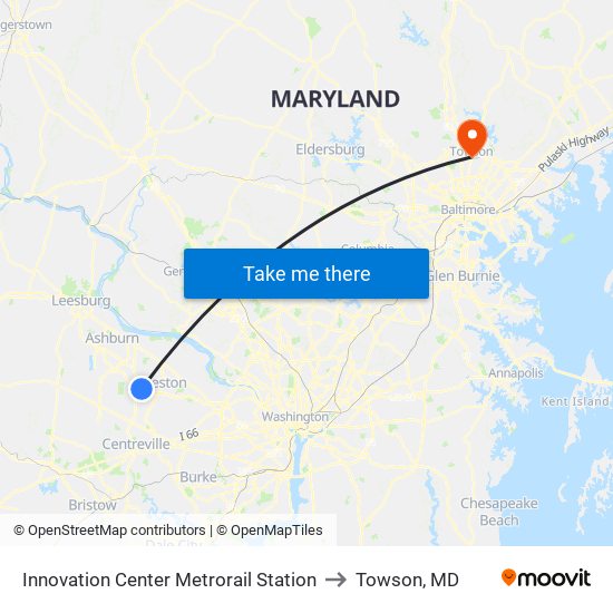 Innovation Center Metrorail Station to Towson, MD map