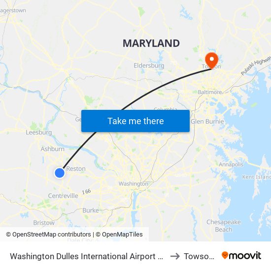 Washington Dulles International Airport Metrorail Station to Towson, MD map
