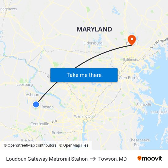 Loudoun Gateway Metrorail Station to Towson, MD map