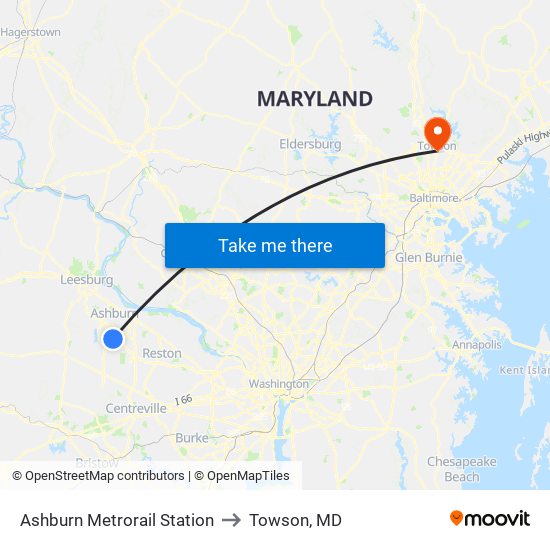 Ashburn Metrorail Station to Towson, MD map