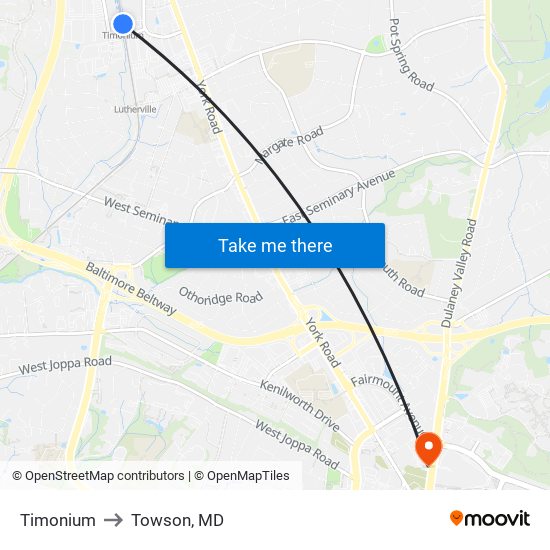 Timonium to Towson, MD map