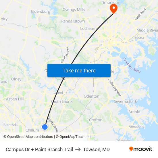 Campus Dr + Paint Branch Trail to Towson, MD map