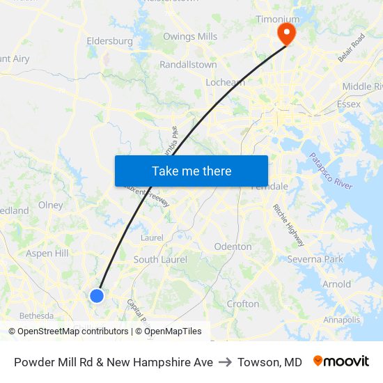 Powder Mill Rd & New Hampshire Ave to Towson, MD map