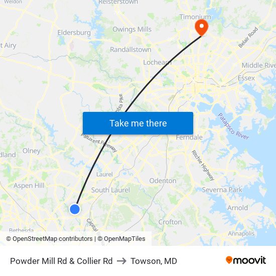 Powder Mill Rd & Collier Rd to Towson, MD map