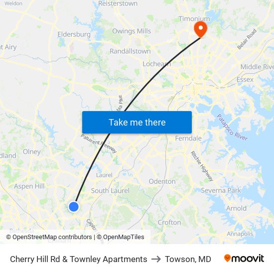 Cherry Hill Rd & Townley Apartments to Towson, MD map