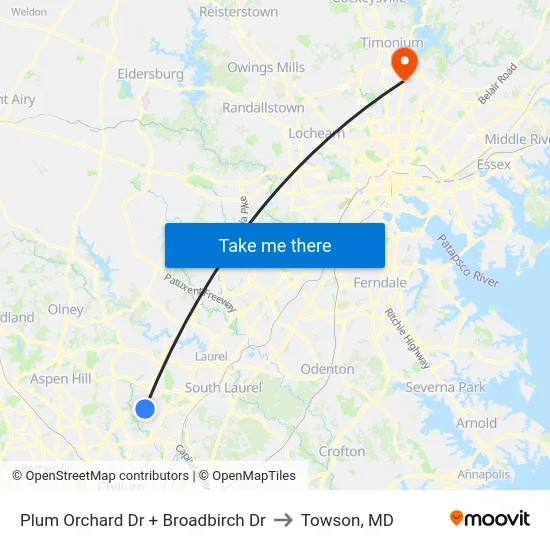 Plum Orchard Dr + Broadbirch Dr to Towson, MD map