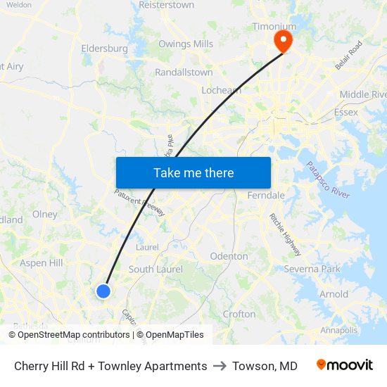 Cherry Hill Rd + Townley Apartments to Towson, MD map