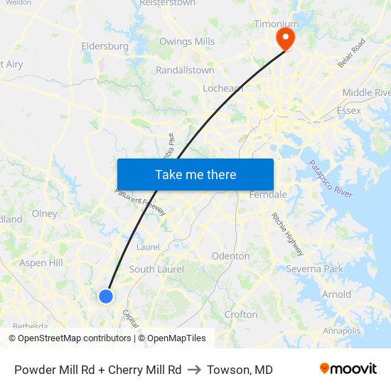 Powder Mill Rd + Cherry Mill Rd to Towson, MD map