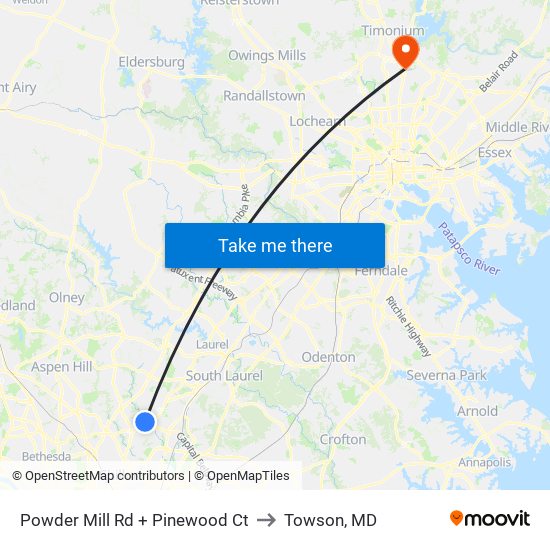 Powder Mill Rd + Pinewood Ct to Towson, MD map