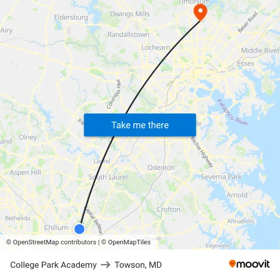 College Park Academy to Towson, MD map