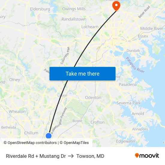 Riverdale Rd + Mustang Dr to Towson, MD map