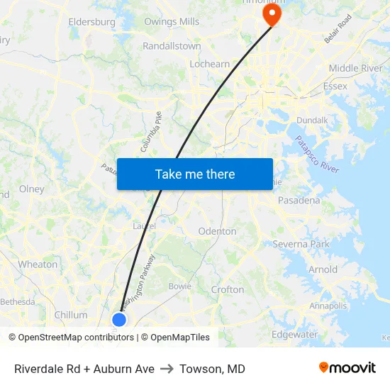 Riverdale Rd + Auburn Ave to Towson, MD map