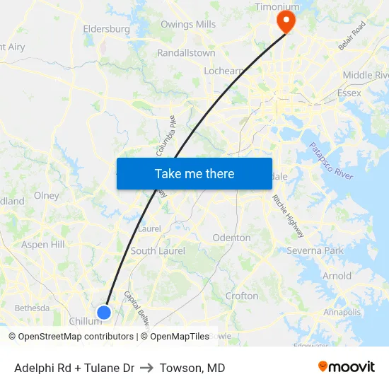 Adelphi Rd + Tulane Dr to Towson, MD map