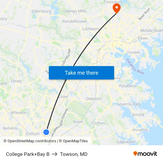 College Park+Bay B to Towson, MD map