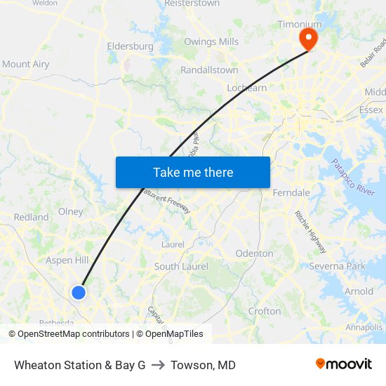 Wheaton Station & Bay G to Towson, MD map