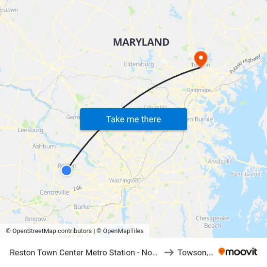 Reston Town Center Metro Station - North Bus Bay to Towson, MD map