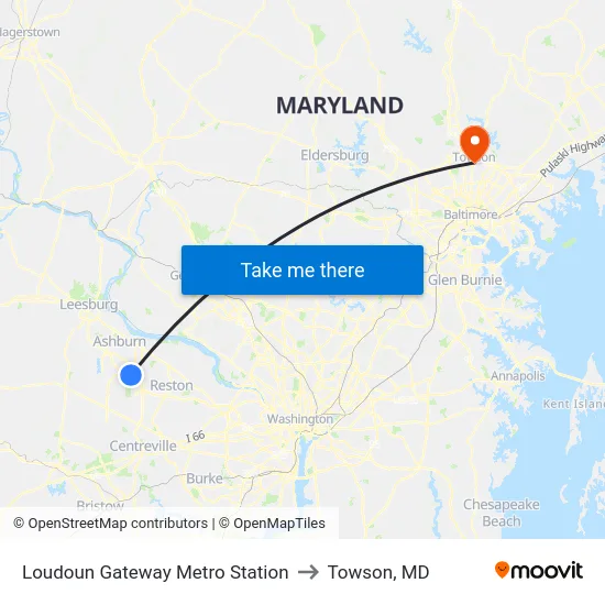 Loudoun Gateway Metro Station to Towson, MD map
