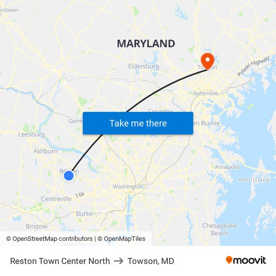 Reston Town Center North to Towson, MD map