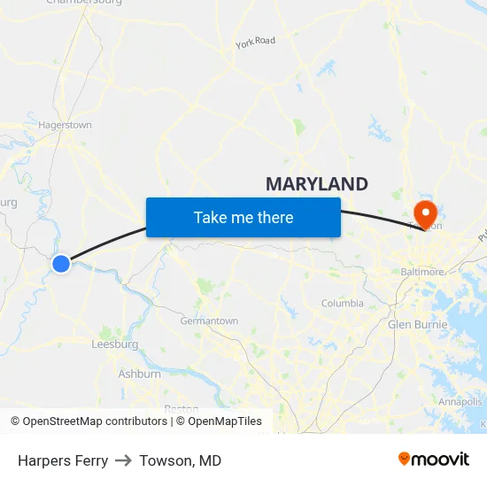 Harpers Ferry to Towson, MD map