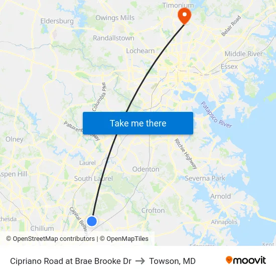 Cipriano Road at Brae Brooke Dr to Towson, MD map