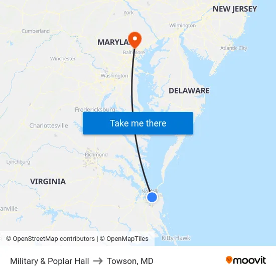 Military & Poplar Hall to Towson, MD map