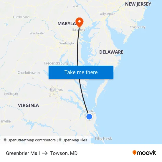 Greenbrier Mall to Towson, MD map