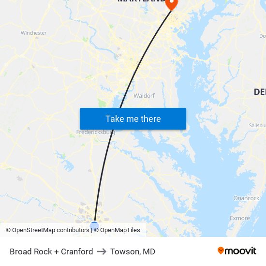 Broad Rock + Cranford to Towson, MD map