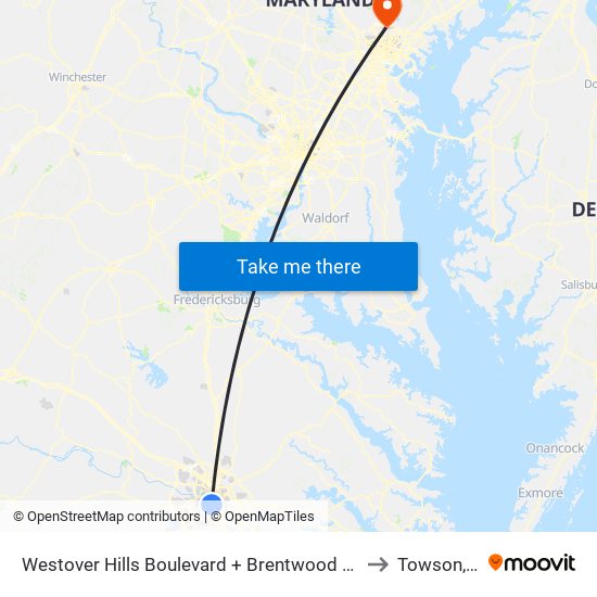 Westover Hills Boulevard + Brentwood South Apts to Towson, MD map