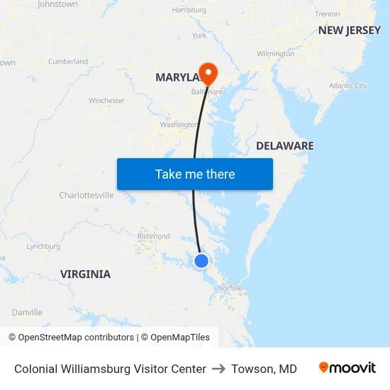 Colonial Williamsburg Visitor Center to Towson, MD map