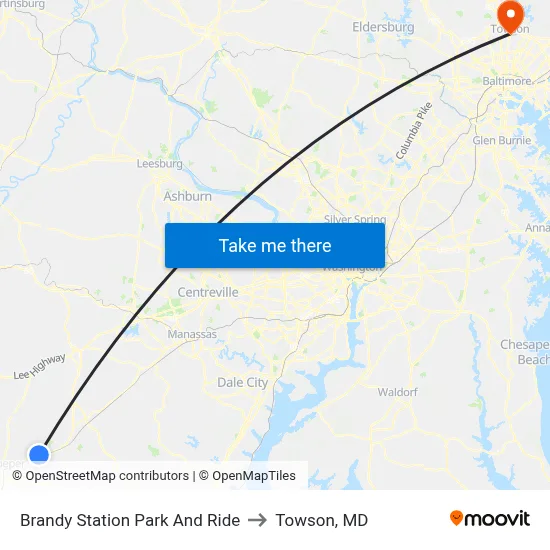 Brandy Station Park And Ride to Towson, MD map