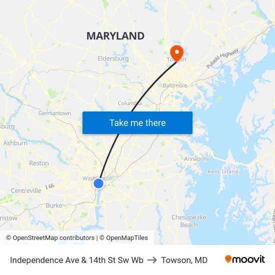Independence Ave & 14th St Sw Wb to Towson, MD map