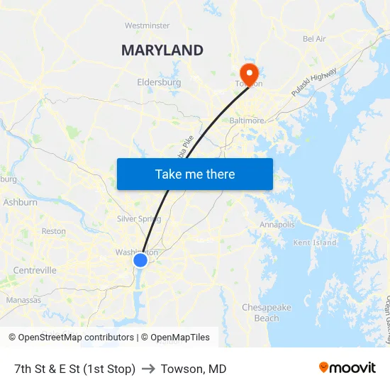7th St & E St (1st Stop) to Towson, MD map