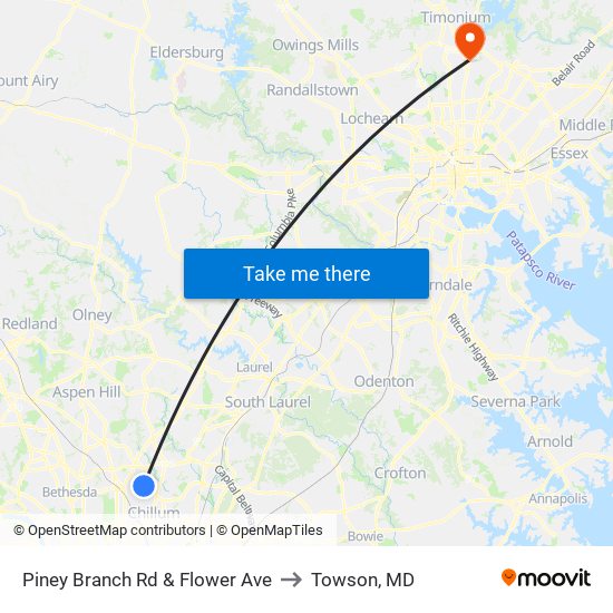 Piney Branch Rd & Flower Ave to Towson, MD map