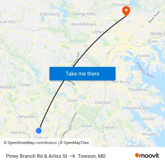 Piney Branch Rd & Arliss St to Towson, MD map