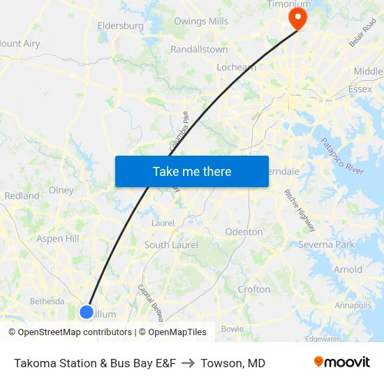 Takoma Station & Bus Bay E&F to Towson, MD map