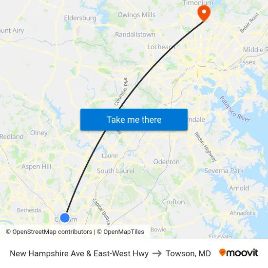 New Hampshire Ave & East-West Hwy to Towson, MD map