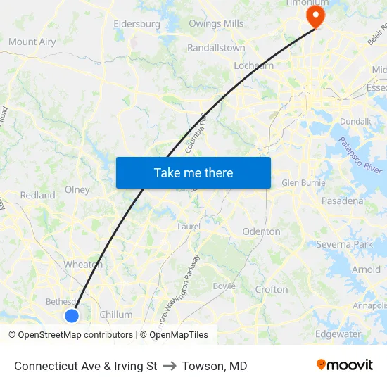 Connecticut Ave & Irving St to Towson, MD map