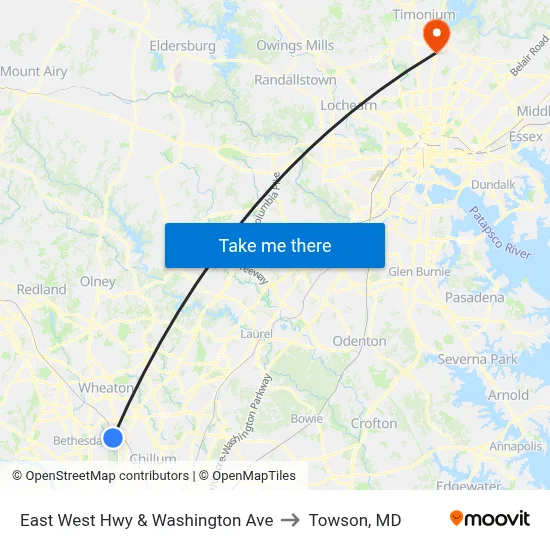 East West Hwy & Washington Ave to Towson, MD map