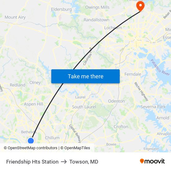 Friendship Hts Station to Towson, MD map