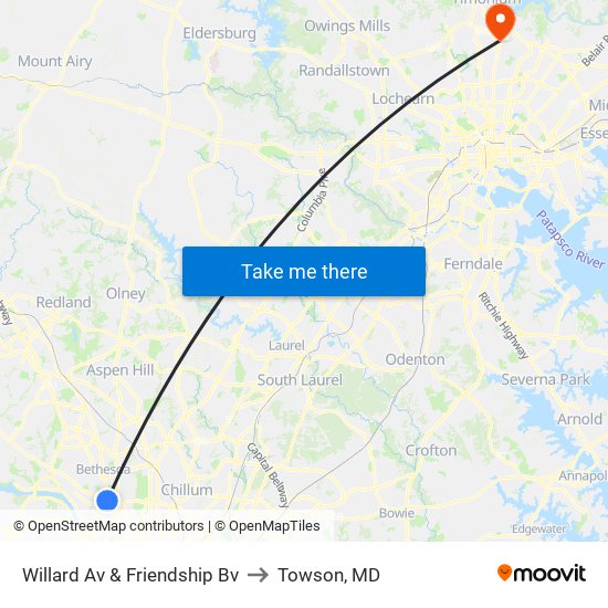 Willard Av & Friendship Bv to Towson, MD map