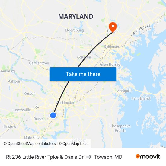 Rt 236 Little River Tpke & Oasis Dr to Towson, MD map