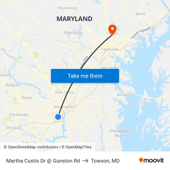Martha Custis Dr @ Gunston Rd to Towson, MD map