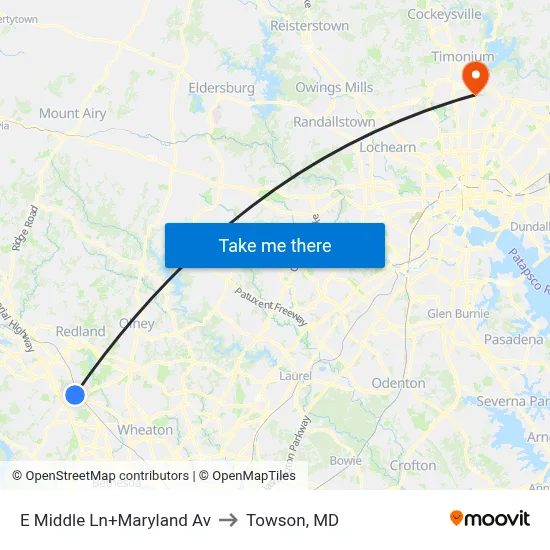 E Middle Ln+Maryland Av to Towson, MD map